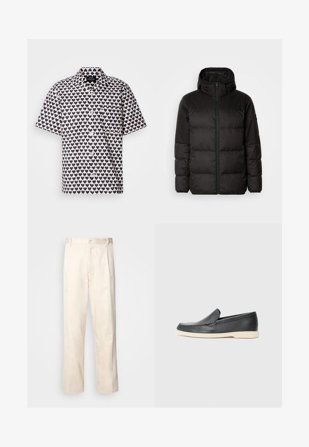 Črna zimska jakna ima zadrgo, kapuco, prešite odseke in elastične manšete, izdelana je iz gladkega, vodoodpornega materiala.; Kratka majica s kratkimi rokavi iz belega blaga s mornarskimi srčkami. Ima gumbe na sprednji strani, ovratnik in žep na levem prsnem delu.; Bež cottone hlače s ravnim krojem, ki imajo gumbasto zapiranje in nabore spredaj za dodatne detajle.; Črne usnjene natikače z teksturiranim zaključkom in kontrastno bež gumo na podplatu. Imajo subtilen naglas vzdolž sprednje strani.