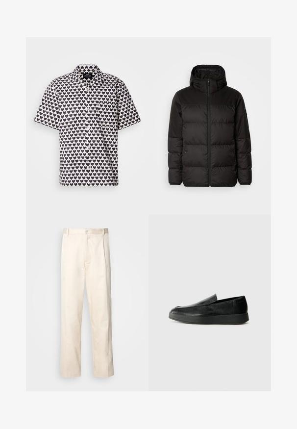 La chaqueta acolchada negra tiene un cierre de cremallera, capucha, secciones acolchadas y puños elásticos, hecha de un material suave y resistente al agua.; Camisa de manga corta de tela blanca con un patrón de corazones en azul marino. Presenta un cierre de botones en la parte delantera, cuello y un bolsillo en el pecho izquierdo.; Pantalones de algodón beige con corte recto, que cuentan con un cierre de botón y pliegues en la parte frontal para un detalle adicional.; Calvin Klein HYBRID CUP - Zapatos sin cordones - triple black