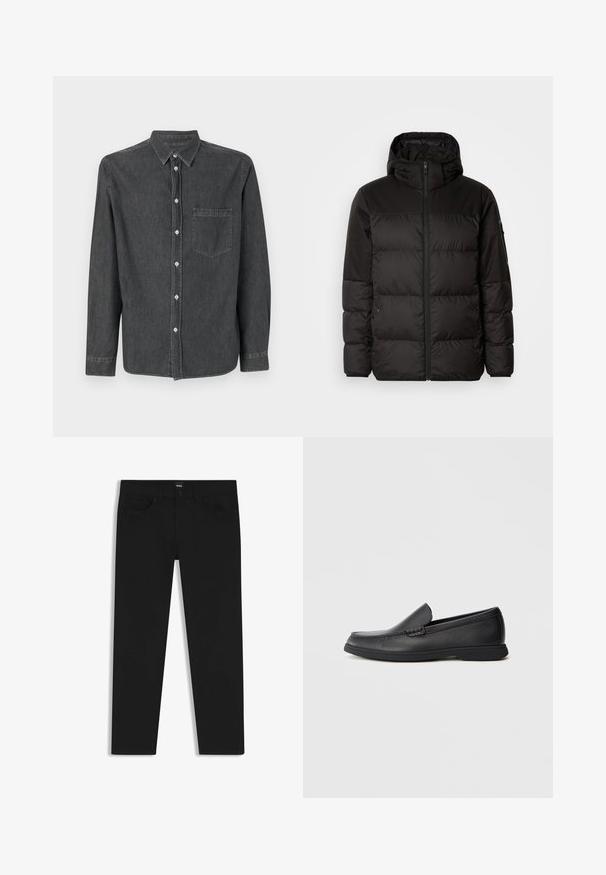 Il giubbotto puffo nero presenta una chiusura con zip, un cappuccio, sezioni trapuntate e polsini elastici, realizzato in un materiale liscio e resistente all'acqua.; Camicia button-up in denim grigio con maniche lunghe, colletto a punta, tasca frontale e bottoni bianchi. Texture morbida con una finitura leggermente sbiadita.; Pantaloni in denim nero con taglio dritto, dotati di vita standard, cinque tasche e chiusura con bottone. Texture liscia su tutta la superficie.; Mocassino slip-on in pelle nera con sopra testurizzato, punta arrotondata, tacco basso e suola in gomma, mostrato in profilo laterale su sfondo bianco.