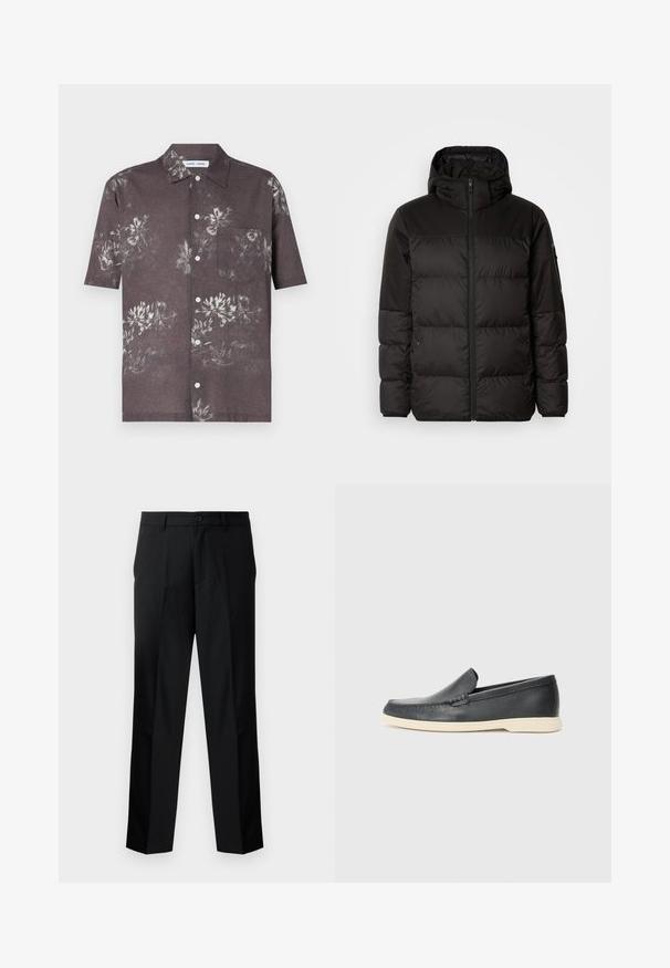 Geacă puffer neagră cu închidere cu fermoar, glugă, secțiuni quilted și manșete elastice, realizată dintr-un material neted, rezistent la apă.; Cămașă cu mânecă scurtă dintr-un material gri închis, având un imprimeu floral în nuanțe mai deschise, cu un design cu nasturi și un buzunar pe piept.; Pantaloni negri tailor-onghe cu croială dreaptă, cu închidere cu nasture, fermoar și bucle pentru curea. Material neted cu buzunare laterale.; Pantofi loafers din piele neagră, cu un finisaj texturat și o talpă din cauciuc bej contrastantă. Au un accent subtil pe partea din față.