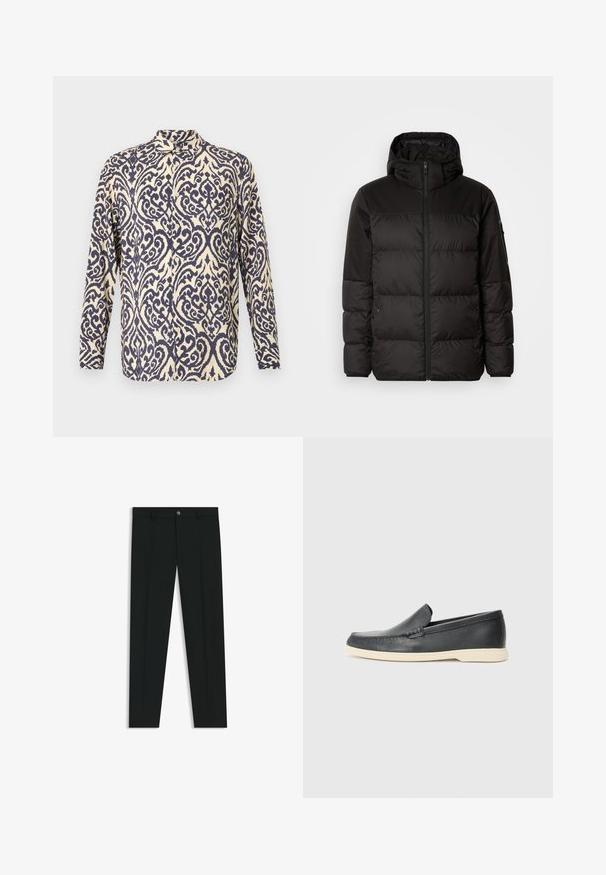 Il giubbotto puffo nero presenta una chiusura con zip, un cappuccio, sezioni trapuntate e polsini elastici, realizzato in un materiale liscio e resistente all'acqua.; Camicia a maniche lunghe di colore crema con complessi motivi blu navy a spirale, con colletto e chiusura frontale con bottoni.; Pantaloni neri in tessuto lisci, con design a gamba dritta. Presentano una chiusura frontale con bottone e passanti per cintura. Senza fantasie.; Mocassini neri in pelle con finitura testurizzata e suola in gomma beige a contrasto. Presentano un accento sottile lungo la parte anteriore.