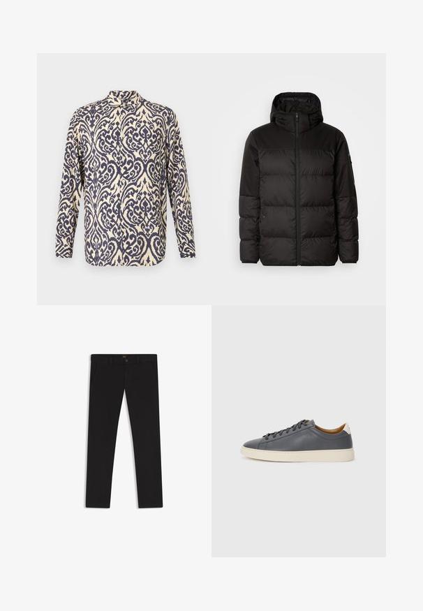 Zwarte pufferjas met ritsluiting, een capuchon, gequiltte secties en elastische manchetten, gemaakt van een glad, waterafstotend materiaal.; Lange mouwenshirt in een crèmekleur met ingewikkelde marineblauwe draaiende patronen, voorzien van een kraag en een knoopsluiting aan de voorkant.; Zwarte broek van stof met een gladde textuur. Bevat een knoopsluiting, riemlussen en zijzakken. Standaard straight-leg ontwerp.; Grijze leren sneaker met ronde neus, rubberen zool, platte veters en lichte accenten op de hiel. Gladde textuur en minimalistisch ontwerp.