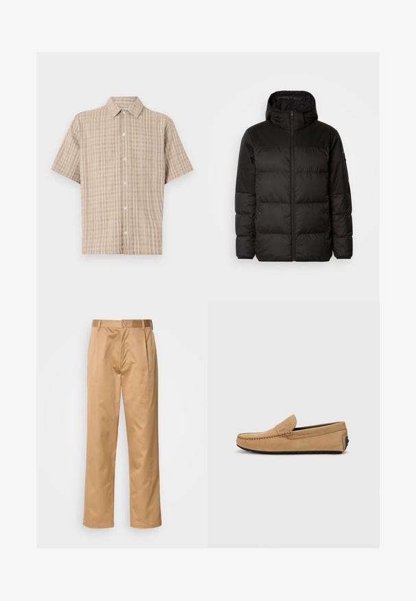 Zwarte pufferjas met ritsluiting, een capuchon, gequiltte secties en elastische manchetten, gemaakt van een glad, waterafstotend materiaal.; Korte mouwen, geklede blouse in beige met een geruit patroon. Gemaakt van een gestructureerde stof, met een knoopsluiting aan de voorkant en een ontspannen pasvorm.; Khaki broek, katoenmix, recht model, voorplooien, riemlussen en knoopsluiting. Gladde textuur zonder patronen.; Beige suède moccasin met een gestikte neus, instapontwerp en zwarte rubberen zool. Heeft subtiele branding aan de zijkant.