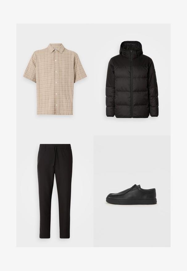 Melna pūkainā jakā iezīmes ir rāvējslēdzēja aizdare, kapuce, kvadrātveida šuves un elastīgas aproces, izgatavota no gludas, ūdensizturīgas vielas.; Beige krāsu īsām piedurknēm apģērbs ar apkakli un pārbaudes rakstu. Izgatavots no teksturēta auduma, ar pogām uz priekšu un brīvu piegriezumu.; Melnas sporta bikses no gludas auduma. Tām ir elastīga josta ar auklu, sašaurinātas kājas un nav redzamu kabatu. Vienkāršs dizains.; Melnas ādas slip-on kurpes ar noapaļotu purngalu, šūšanas detaļām un melnu gumijas zoli. Gluda tekstūra ar minimālistisku dizainu.