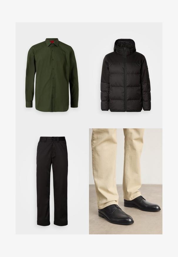 Černá péřová bunda má zipový uzávěr, kapuci, prošívané části a elastické manžety, vyrobená z hladkého, voděodolného materiálu.; HUGO VALERIO - Formální košile - dark green; Černé kalhoty vyrobené z hladkého materiálu, s zipem, knoflíkovým zapínáním a ohrnutými manžetami pro ležérní design.; Černé kožené šněrovací boty s kulatou špičkou, hladkým povrchem a jemnými švy, nošené s světlými béžovými kalhotami.