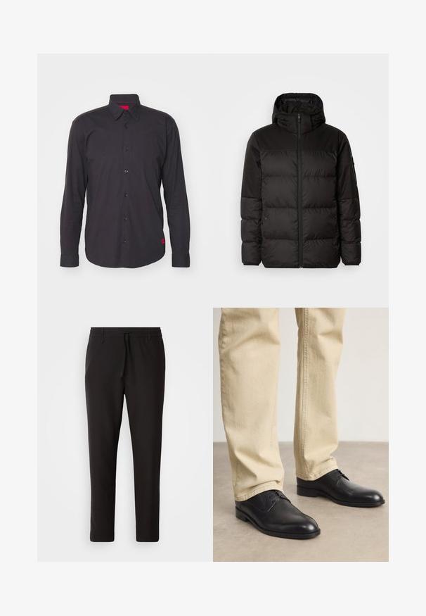 Il giubbotto puffo nero presenta una chiusura con zip, un cappuccio, sezioni trapuntate e polsini elastici, realizzato in un materiale liscio e resistente all'acqua.; Camicia nera a maniche lunghe in cotone, con colletto a punta, chiusura con bottoni e una rifinitura rossa all'interno del colletto. Tessuto strutturato senza motivi.; Pantaloni jogger neri realizzati in tessuto liscio. Presentano una vita elasticizzata con stringa, gambe affusolate e senza tasche visibili. Design semplice.; Scarpe stringate in pelle nera con punta arrotondata, finitura liscia e dettagli di cucitura sottili, indossate con pantaloni beige chiaro.