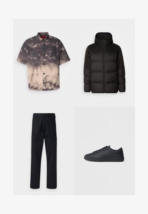 La chaqueta acolchada negra tiene un cierre de cremallera, capucha, secciones acolchadas y puños elásticos, hecha de un material suave y resistente al agua.; HUGO ERATINO - Camisa - medium brown; Pantalones cargo negros hechos de una tela resistente, con un corte recto en las piernas, dos bolsillos laterales y un cierre de botón en la cintura.; Zapatillas negras de cuero liso con diseño bajo, puntera redonda y suela plana de goma. Presentan cordones y una marca sutil.