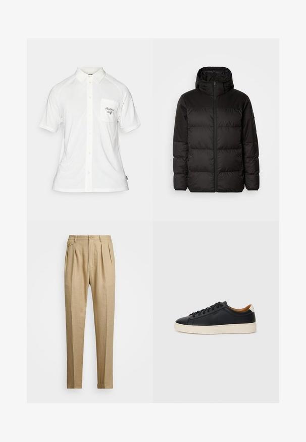Mustikas puffer-jakk sisaldab tõmblukku, kapuutsi, tikandiga osi ja elastseid mansette, valmistatud siledast veekindlast materjalist.; Valge lühikeste varrukatega polo särk, millel on nööpide eesmine rida, tekstuuriga kangas ja vasakul rinnal tasku, millel on must brodeeritud tekst.; Bežid linasest püksid sirge lõikega, kahel esisel peenral, nööbiga kinnitamisel ja küljetaskutega. Tekstuuritud kangas sileda viimistlusega.; Mustad nahast tennised sujuva pindadega, beež kummist tallaga, paelaga kinnitamine ja kontrastse kanna aktsendiga.