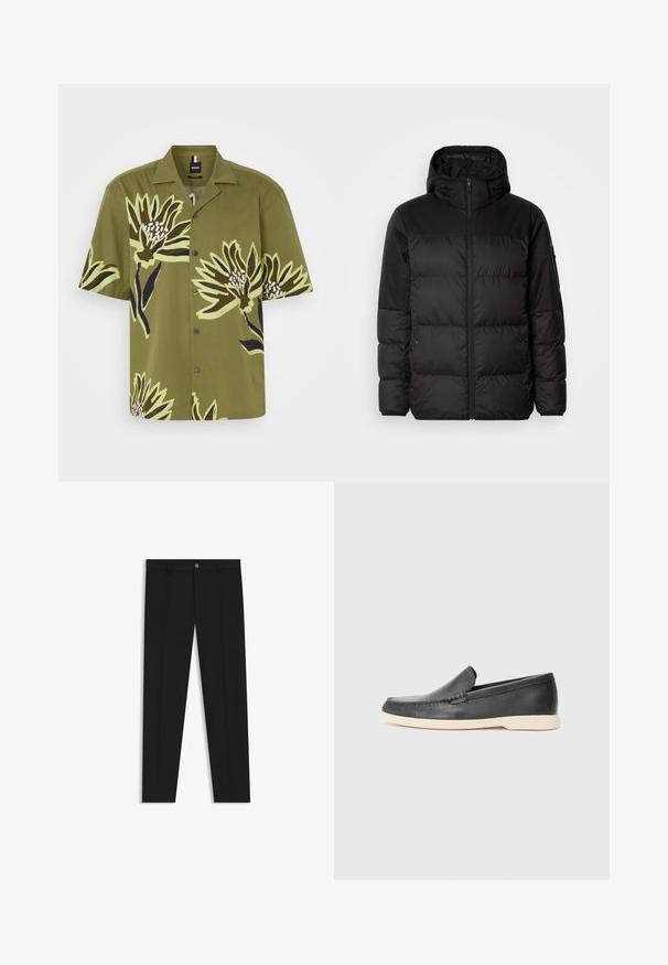 Zwarte pufferjas met ritsluiting, een capuchon, gequiltte secties en elastische manchetten, gemaakt van een glad, waterafstotend materiaal.; Korte mouwen knop-up shirt in olijfgroen met grote bloemenprint in zwart en lichtgroen, voorzien van een kraag en een knoopsluiting aan de voorkant.; Zwarte dresspants met een recht pasvorm, gemaakt van een gladde stof. Heeft een sluiting met een knoop aan de voorkant en ceintuurlussen. Effen zonder patronen.; Zwarte leren instappers met een gestructureerde afwerking en een contrasterende beige rubberen zool. Beschikt over een subtiele accent langs de voorkant.