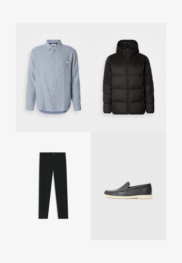 Il giubbotto puffo nero presenta una chiusura con zip, un cappuccio, sezioni trapuntate e polsini elastici, realizzato in un materiale liscio e resistente all'acqua.; Camicia button-up a righe blu chiaro, in tessuto di cotone, maniche lunghe, colletto a punta, tasca sul petto singola e dettaglio con etichetta del logo.; Pantaloni neri in tessuto lisci, con design a gamba dritta. Presentano una chiusura frontale con bottone e passanti per cintura. Senza fantasie.; Mocassini neri in pelle con finitura testurizzata e suola in gomma beige a contrasto. Presentano un accento sottile lungo la parte anteriore.