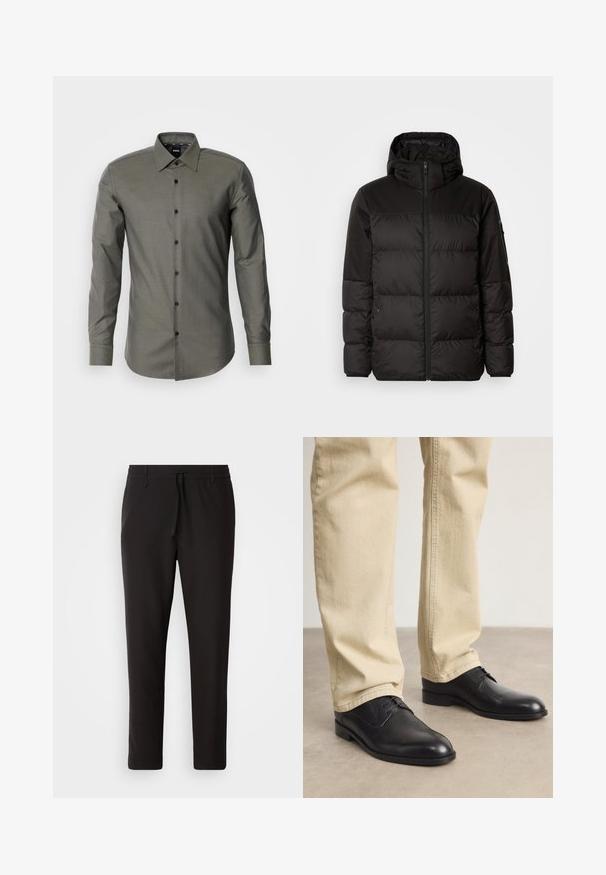 Čierna prešívaná bunda má zips, kapucňu, prešívané sekcie a elastické manžety, vyrobená z hladkého, vodeodolného materiálu.; Olivovo zelená košeľa na gombíky s dlhými rukávmi, špicatým golierom a tmavými gombíkmi, vyrobená z texturovanej látky a s prispôsobeným strihom.; Čierne jogger nohavice vyrobené z hladkej tkaniny. Majú elastický pás s šnúrkou, zúžené nohavice a žiadne viditeľné vrecká. Jednoduchý dizajn.; Čierne kožené šnurovacie topánky s okrúhlou špičkou, hladkým povrchom a jemnými detailmi prešitia, nosené so svetlo béžovými nohavicami.