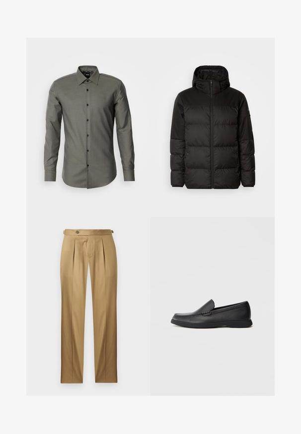 Černá péřová bunda má zipový uzávěr, kapuci, prošívané části a elastické manžety, vyrobená z hladkého, voděodolného materiálu.; Olivově zelená košile na knoflíky s dlouhými rukávy, špičatým límcem a tmavými knoflíky, vyrobená z texturované látky a s oblečeným střihem.; Béžové kalhoty s přímým střihem, které mají záhyby, zapínání na knoflík a poutka na pásek. Hladká tkanina s čistým, upraveným vzhledem.; Černé kožené slip-on mokasíny s texturovaným svrškem, zaoblenou špičkou, nízkým podpatkem a gumovou podrážkou, zobrazené v bočním profilu na bílém pozadí.