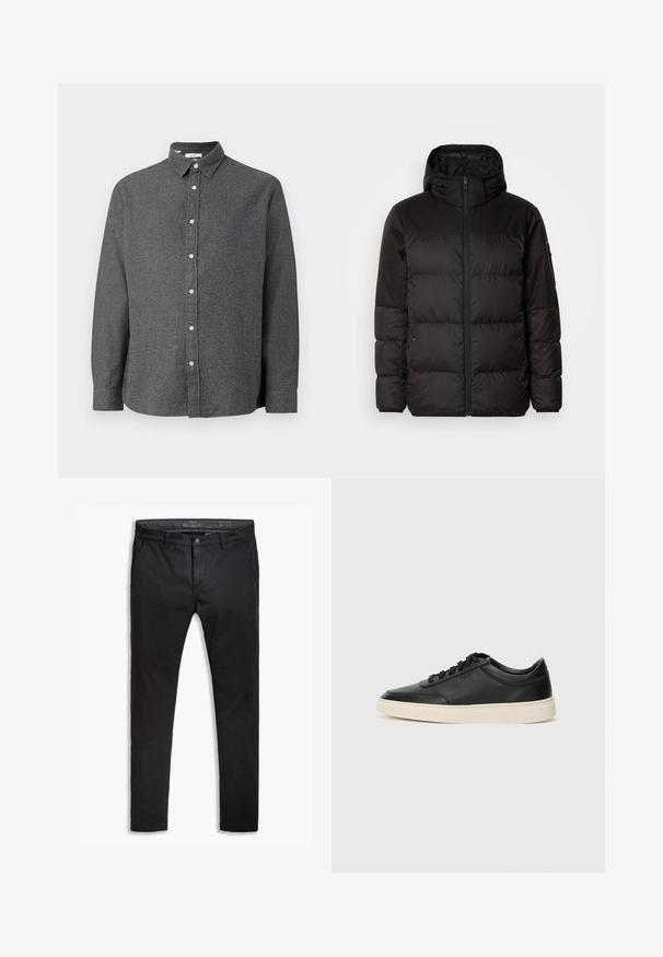 Juodas pūkinis švarkas turi užtrauktuką, gobtuvą, siūlinčius skyrius ir elastinius rankogalius, pagamintas iš lygaus, vandeniui atsparaus medžiagos.; Pilkas mygtukų marškinis su tekstūruota medžiaga, apykakle, pilno ilgio rankovėmis ir šviesiai rudais mygtukais priekyje. Tiesi apatinė kraštinė.; Juodos medvilnės chinos kelnės su siaurėjančiu siluetu, turinčios penkis kišenes, diržo kilpos ir lygų paviršių. Su užtrauktuku ir mygtuko uždarymu.; Juoda žema viršutinė odinė sportbačiai su juodais raišteliais ir kreminiu padu, pateikti šoniniame profilyje ant baltos fono.