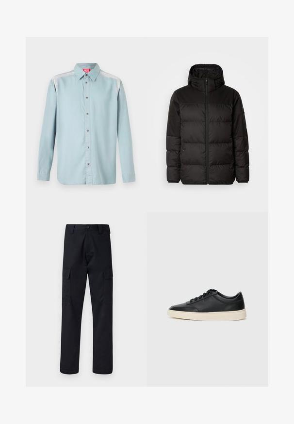 Juodas pūkinis švarkas turi užtrauktuką, gobtuvą, siūlinčius skyrius ir elastinius rankogalius, pagamintas iš lygaus, vandeniui atsparaus medžiagos.; Šviesiai mėlynos spalvos marškiniai su klasikiniai apykakle, turi raudoną logotipo etiketę, metalines mygtukus ir glotnią audinio tekstūrą.; Juodi cargo kelnės, pagamintos iš tvirto audinio, su tiesiu kirpimu, dviem šoninėmis kišenėmis ir mygtukiniu užsegimu juosmenyje.; Juoda žema viršutinė odinė sportbačiai su juodais raišteliais ir kreminiu padu, pateikti šoniniame profilyje ant baltos fono.