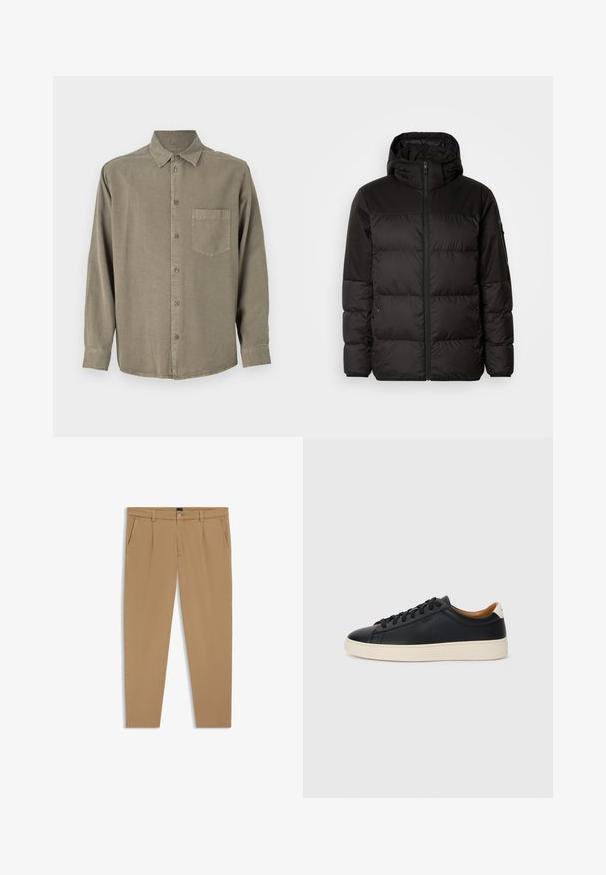 Schwarze Pufferjacke mit Reißverschluss, Kapuze, gesteppten Abschnitten und elastischen Bündchen, hergestellt aus einem glatten, wasserabweisenden Material.; Langärmliges, knöpfbares Hemd aus olivgrünem Stoff. Verfügt über eine Brusttasche, klassischen Kragen und geknöpfte Manschetten. Weiche Textur mit lässiger Passform.; Beige Hosen mit glatter Textur, geradem Schnitt, Fronttaschen und einem Knopfverschluss an der Taille.; Schwarze Ledersneaker mit glatter Textur, beiger Gummisohle, Schnürdesign und einem kontrastierenden Fersenakzent.