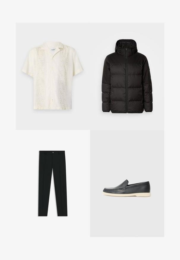 La chaqueta acolchada negra tiene un cierre de cremallera, capucha, secciones acolchadas y puños elásticos, hecha de un material suave y resistente al agua.; Camisa de manga corta color beige claro con cuello, que presenta patrones de hojas sutiles bordados en ambos lados y cierre de botones en el frente.; Pantalones de vestir negros con un diseño de pierna recta, hechos de una tela suave. Cuentan con un cierre frontal de botón y lazos para cinturón. Liso, sin patrones.; Mocasines de piel negra sin cordones con un acabado texturizado y una suela de goma beige en contraste. Presentan un sutil acento en la parte frontal.