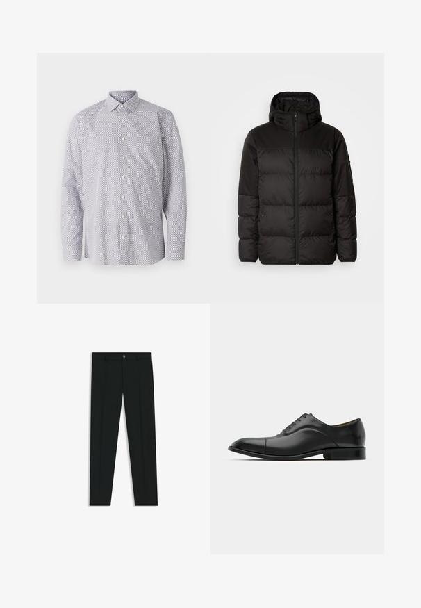Black puffer jacket features a zip closure, a hood, quilted sections, and elastic cuffs, made from a smooth, water-resistant material.; Long-sleeve shirt in white with a black geometric pattern, featuring a classic collar, button placket, and soft cotton fabric.; Black dress pants with a straight-leg design, made of smooth fabric. Features a front button closure and belt loops. Plain without patterns.; Black leather dress shoe with smooth texture, rounded toe, and five eyelets. Features a low stacked heel and subtle seam detailing.
