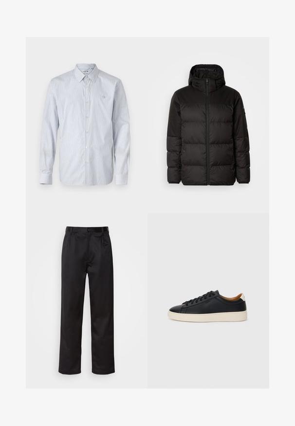 Juodas pūkinis švarkas turi užtrauktuką, gobtuvą, siūlinčius skyrius ir elastinius rankogalius, pagamintas iš lygaus, vandeniui atsparaus medžiagos.; Dryžuota ilgomis rankovėmis marškiniai šviesiai mėlynos ir baltos spalvos medvilnės mišinyje. Funkcijos mygtukų uždarymas, klasikinė apykaklė ir mažas išsiuvinėtas logotipas ant krūtinės.; Juodi kelniukai, pagaminti iš lygaus audinio, su užsegimu priekyje, raukšlėmis ir tiesiomis kojomis. Nėra matomų raštų ar akcentų.; Juodos odinės sportbačiai su lygiu paviršiumi, smėlio spalvos guminis padas, raišteliais užsegama konstrukcija ir kontrastingas kulno akcentas.