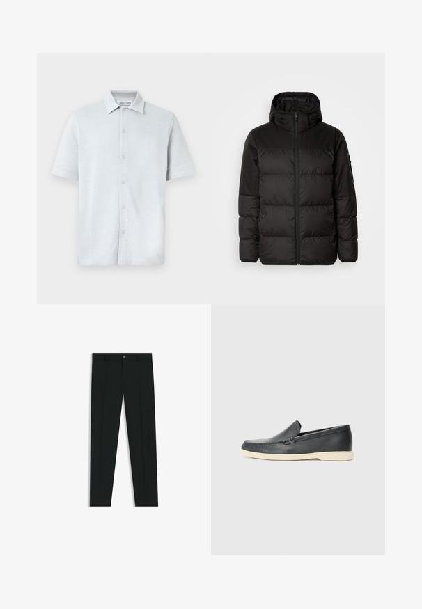 Zwarte pufferjas met ritsluiting, een capuchon, gequiltte secties en elastische manchetten, gemaakt van een glad, waterafstotend materiaal.; Korte mouwen overhemd met kraag in lichtblauw, structuurstof met een ruitpatroon, voorzien van een knoopsluiting aan de voorkant en een rechte zoom.; Zwarte dresspants met een recht pasvorm, gemaakt van een gladde stof. Heeft een sluiting met een knoop aan de voorkant en ceintuurlussen. Effen zonder patronen.; Zwarte leren instappers met een gestructureerde afwerking en een contrasterende beige rubberen zool. Beschikt over een subtiele accent langs de voorkant.