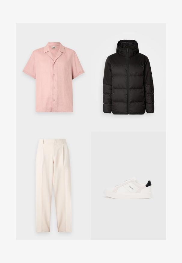 Geacă puffer neagră cu închidere cu fermoar, glugă, secțiuni quilted și manșete elastice, realizată dintr-un material neted, rezistent la apă.; Cămașă cu mânecă scurtă din in roz moale, cu guler tip spread, închidere frontală cu nasturi și croială lejeră. Textură netedă cu un luciu discret.; Pantaloni bej croiți, cu talie înaltă, plisuri și un design drept. Realizați dintr-un material neted, cu buzunare laterale și un finisaj curat.; Tenesi albi cu detalii roz deschis și negre, având panouri din piele netedă și suede, vârf rotund și talpă plată din cauciuc.