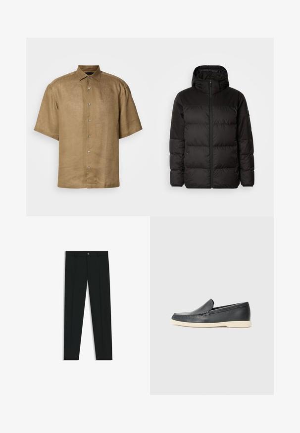 Schwarze Pufferjacke mit Reißverschluss, Kapuze, gesteppten Abschnitten und elastischen Bündchen, hergestellt aus einem glatten, wasserabweisenden Material.; Kurzärmeliges, knöpfbares Hemd aus leichtem, braunem Leinenstoff mit strukturierter Oberfläche, ausgestattet mit einem klassischen Kragen und sechs Knöpfen auf der Vorderseite.; Schwarze Anzughosen mit geradem Bein, aus glattem Stoff. Mit Knopfverschluss vorne und Gürtelschlaufen. Schlicht ohne Muster.; Schwarze Leder-Slipper mit strukturiertem Finish und einer kontrastierenden beige Gummisohle. Mit einem dezenten Akzent an der Vorderseite.