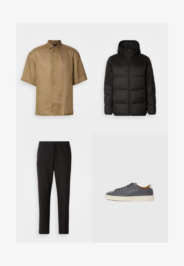 Mustikas puffer-jakk sisaldab tõmblukku, kapuutsi, tikandiga osi ja elastseid mansette, valmistatud siledast veekindlast materjalist.; Lühikeste käistega, nupuga särk helesinises lina kangas, millel on tekstureeritud viimistlus, standardkaelusega ja kuue nupuga ees.; Mustad jogger-püksid, mis on valmistatud siledast kangast. Omavad elastset pihaotsikut koos paelaga, kitsenevaid jalaosi ja nähtamatuid taskuid. Lihtne disain.; Hallhalli nahast tossud ümmarguse varbaga, kummist tallaga, lamedate paeltega ja heledate aktsentidega kontsadel. Sile tekstuur ja minimalistlik disain.