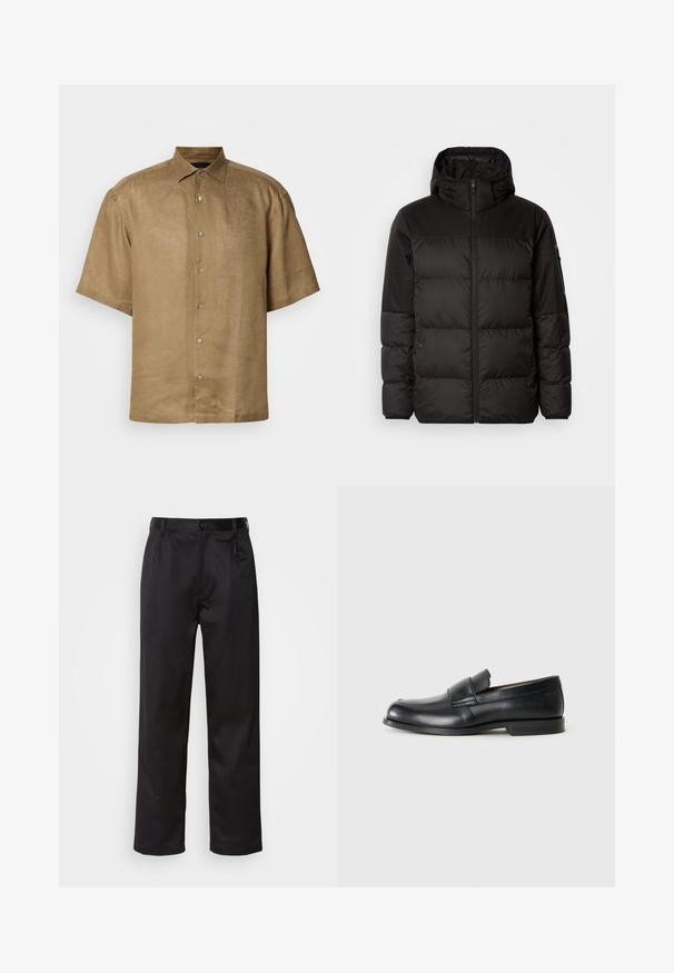 Črna zimska jakna ima zadrgo, kapuco, prešite odseke in elastične manšete, izdelana je iz gladkega, vodoodpornega materiala.; Srajca kratek rokav, z gumbi, v svetlo rjavi laneni tkanini z teksturirano površino, z običajnim ovratnikom in šestimi gumbi spredaj.; Črne hlače iz gladkega materiala, ki imajo sprednjo zaponko, naborke in ravne noge. Brez vidnih vzorcev ali okraskov.; Črne usnjene moške loafer čevlje z zaobljenim nosom, z ukrasnim šivanjem in ravnim gumijastim podplatom. Imajo širok trak čez nart.