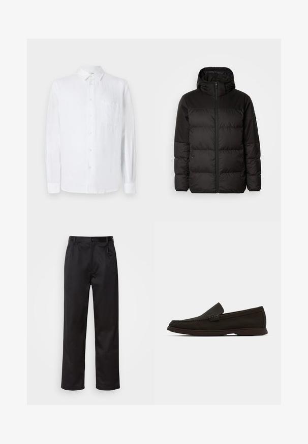 Czarna kurtka puchowa z zapięciem na zamek, kapturem, pikowanymi sekcjami i elastycznymi mankietami, wykonana z gładkiego, wodoodpornego materiału.; Biała lniana koszula z długimi rękawami, z guzikami i kieszonką na piersi. Miękka struktura i luźny krój. Idealna do codziennego użytku.; Czarne spodnie wykonane z gładkiego materiału, z zapięciem na guzik z przodu, plisami i prostymi nogawkami. Brak widocznych wzorów lub akcentów.; Ciemnobrązowe zamszowe wsuwane mokasyny z przeszytym noskiem, niskoprofilową gumową podeszwą i teksturowanymi akcentami na cholewce.