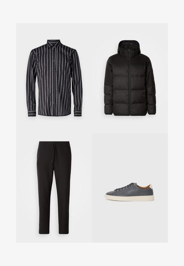 Schwarze Pufferjacke mit Reißverschluss, Kapuze, gesteppten Abschnitten und elastischen Bündchen, hergestellt aus einem glatten, wasserabweisenden Material.; Bruuns Bazaar VANIGILLY SHIRT - Hemd - black; Schwarze Jogginghose aus glattem Stoff. Mit einem elastischen Bund und Kordelzug, schmal zulaufenden Beinen und ohne sichtbare Taschen. Einfaches Design.; Graue Lederturnschuhe mit runder Zehenpartie, Gummisohle, flachen Schnürsenkeln und hellen Akzenten an der Ferse. Glatte Textur und minimalistisches Design.