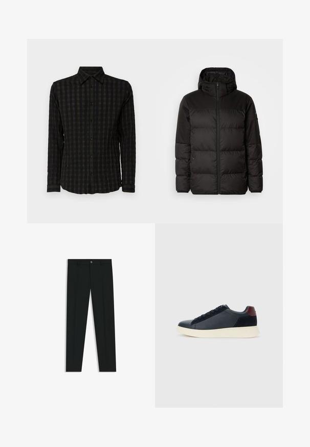 Musta puhvijakku sisältää vetoketjun, hupun, tilkuista koostuvia osioita ja joustavat hihansuut. Se on valmistettu sileästä, vedenpitävästä materiaalista.; Musta pitkähihainen paita, jossa on tummia sävyjä sisältävä teksturoitu ruutukuvio. Paidassa on nappikiristys edessä, kaula-aukko ja hihansuut, jotka on varustettu vastaavilla raidoilla.; Musta housut, joissa on suora lahje, valmistettu sileästä kankaasta. Edessä nappisulku ja vyölenkit. Yksinkertainen ilman kuvioita.; Miestne bežecké tenisky s nízkym strihom v čiernej koži a semišovej úprave s bordovým jazykom a bielou gumovou podrážkou, pohľad z vonkajšej strany.