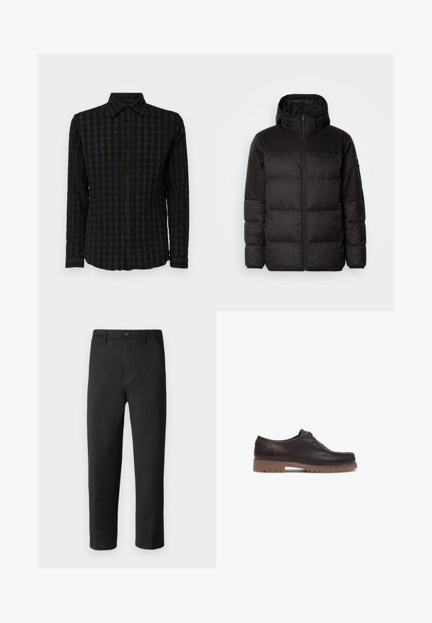 Črna zimska jakna ima zadrgo, kapuco, prešite odseke in elastične manšete, izdelana je iz gladkega, vodoodpornega materiala.; Črna dolga majica z dolgimi rokavi z teksturirano karirano zasnovo v temnih tonih, ki ima gumbasto zapiranje spredaj, ovratnik in manšete z usklajenimi črtami.; Črne hlače s ravnim krojem, izdelane iz gladkega materiala. Imajo gumbe za zapiranje in zanke za pas. Brez vidnih vzorcev ali dodatkov.; Les Deux TAYLOR - Jadralni čevlji - dark brown