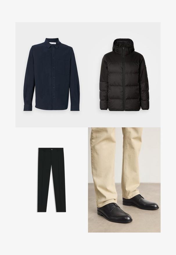 Zwarte pufferjas met ritsluiting, een capuchon, gequiltte secties en elastische manchetten, gemaakt van een glad, waterafstotend materiaal.; Navyblauwe shirt met lange mouwen van zachte stof, met een knoopsluiting aan de voorkant, een puntige kraag en een enkele borstzak.; Zwarte dresspants met een recht pasvorm, gemaakt van een gladde stof. Heeft een sluiting met een knoop aan de voorkant en ceintuurlussen. Effen zonder patronen.; Zwarte leren veterschoenen met een ronde neus, een gladde afwerking en subtiele stikdetails, gedragen met lichtbeige broeken.