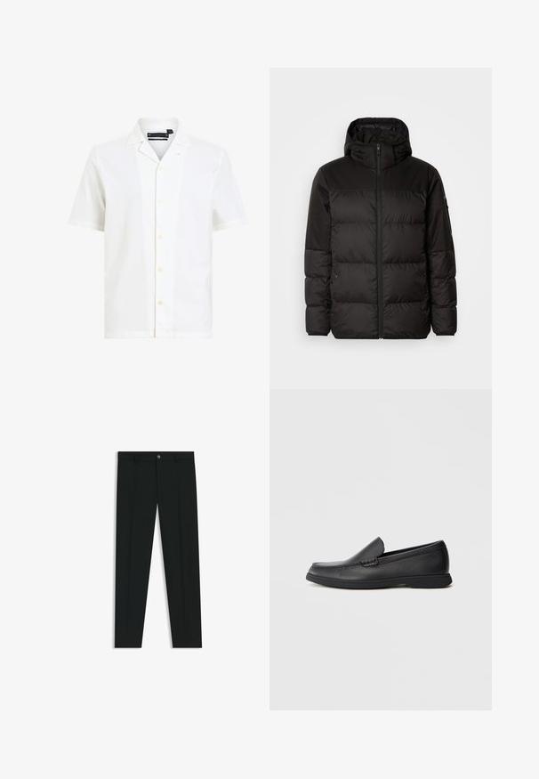 Black puffer jacket features a zip closure, a hood, quilted sections, and elastic cuffs, made from a smooth, water-resistant material.; White short-sleeve shirt made of soft fabric, featuring a notched collar, six buttons down the front, and a relaxed fit.; Black dress pants with a straight-leg design, made of smooth fabric. Features a front button closure and belt loops. Plain without patterns.; Black leather slip-on loafer with textured upper, rounded toe, low heel, and rubber sole, shown in side profile on white background.