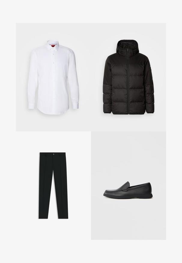 Zwarte pufferjas met ritsluiting, een capuchon, gequiltte secties en elastische manchetten, gemaakt van een glad, waterafstotend materiaal.; Witte blouse met lange mouwen gemaakt van soepel materiaal, heeft een klassieke kraag, een knoopsluiting aan de voorkant met kleine ronde knopen en knoopmanchetten.; Zwarte dresspants met een recht pasvorm, gemaakt van een gladde stof. Heeft een sluiting met een knoop aan de voorkant en ceintuurlussen. Effen zonder patronen.; Zwarte leren instaploafer met een textuur bovenwerk, ronde neus, lage hak en rubberen zool, weergegeven in zijprofiel op een witte achtergrond.