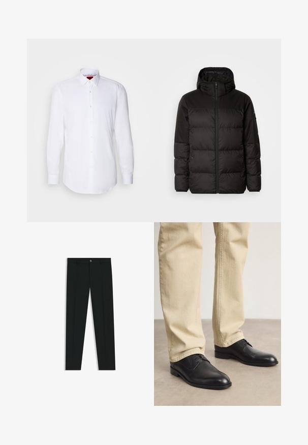 Zwarte pufferjas met ritsluiting, een capuchon, gequiltte secties en elastische manchetten, gemaakt van een glad, waterafstotend materiaal.; Witte blouse met lange mouwen gemaakt van soepel materiaal, heeft een klassieke kraag, een knoopsluiting aan de voorkant met kleine ronde knopen en knoopmanchetten.; Zwarte dresspants met een recht pasvorm, gemaakt van een gladde stof. Heeft een sluiting met een knoop aan de voorkant en ceintuurlussen. Effen zonder patronen.; Zwarte leren veterschoenen met een ronde neus, een gladde afwerking en subtiele stikdetails, gedragen met lichtbeige broeken.