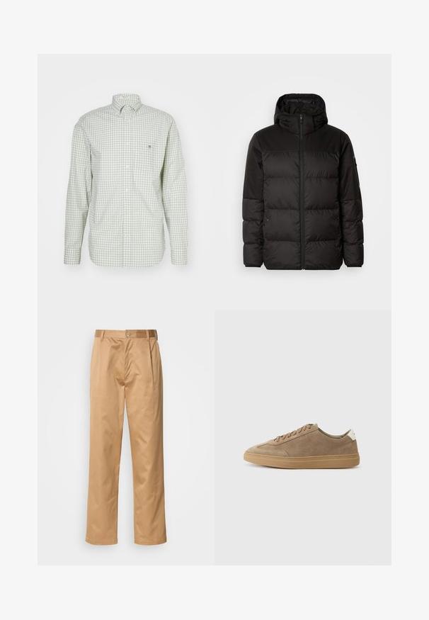 Il giubbotto puffo nero presenta una chiusura con zip, un cappuccio, sezioni trapuntate e polsini elastici, realizzato in un materiale liscio e resistente all'acqua.; Camicia button-up a maniche lunghe a quadri verde e bianco con un piccolo logo ricamato sulla tasca del petto e colletto button-down.; Pantaloni kaki, in misto cotone, design a gamba dritta, con pieghe frontali, passanti per cintura e chiusura a bottone. Tessuto liscio senza fantasie.; Sneakers scamosciati di colore marrone chiaro con suola in gomma. Presentano un design con lacci e uno stile minimalista, accentuato da una linguetta sul tallone bianca.