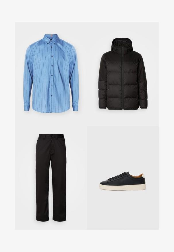 Geacă puffer neagră cu închidere cu fermoar, glugă, secțiuni quilted și manșete elastice, realizată dintr-un material neted, rezistent la apă.; Cămașă albastră din bumbac, cu nasturi, mâneci lungi, dungi verticale, detalii cu nasturi și guler. Prezintă un mic accent portocaliu în interiorul gulerului.; Pantaloni negri dintr-un material neted, cu fermoar la brâu, închidere cu nasture și mansete rulate pentru un design casual.; Căști din piele neagră cu o textură netedă, talpă din cauciuc bej, design cu șireturi și un accent contrastant la călcâi.