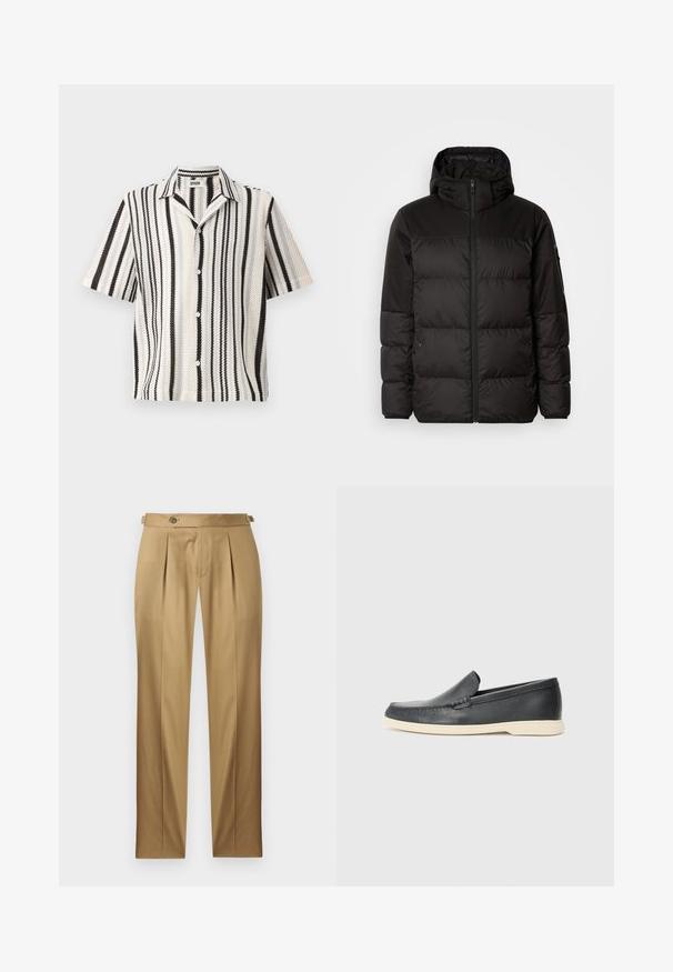 Musta puhvijakku sisältää vetoketjun, hupun, tilkuista koostuvia osioita ja joustavat hihansuut. Se on valmistettu sileästä, vedenpitävästä materiaalista.; Lyhythihainen paita, jossa on kudottu pinta, ja se on varustettu vuorottelevilla mustilla ja valkoisilla pystysuorilla raidoilla sekä tavallisella kauluksella. Viiden napin etulista.; Beiget suoralahkeiset housut, joissa on laskokset, napillinen suljenta ja vyölenkit. Sileä kangas ja siisti, räätälöity ilme.; Mustat nahkakengät ilman nauhoja, joissa on teksturoitu pinta ja kontrastoiva beige kumipohja. Kengissä on hillitty yksityiskohta etuosassa.