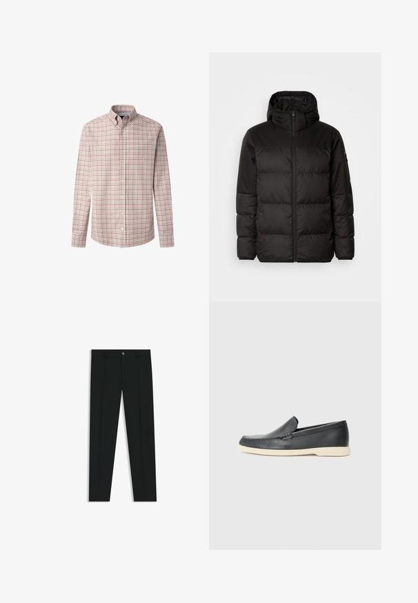 Il giubbotto puffo nero presenta una chiusura con zip, un cappuccio, sezioni trapuntate e polsini elastici, realizzato in un materiale liscio e resistente all'acqua.; Camicia da uomo a maniche lunghe con bottoni in tessuto grigio chiaro con motivo a scacchi rosso e blu navy. Presenta un colletto classico e polsini con bottoni.; Pantaloni neri in tessuto lisci, con design a gamba dritta. Presentano una chiusura frontale con bottone e passanti per cintura. Senza fantasie.; Mocassini neri in pelle con finitura testurizzata e suola in gomma beige a contrasto. Presentano un accento sottile lungo la parte anteriore.