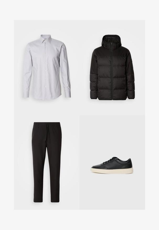 Melna pūkainā jakā iezīmes ir rāvējslēdzēja aizdare, kapuce, kvadrātveida šuves un elastīgas aproces, izgatavota no gludas, ūdensizturīgas vielas.; Gai pelēks krekls ar garām piedurknēm un pogām uz apkakles, izgatavots no auduma, ar klasisku piegriezumu un baltajām pogām priekšpusē.; Melnas sporta bikses no gludas auduma. Tām ir elastīga josta ar auklu, sašaurinātas kājas un nav redzamu kabatu. Vienkāršs dizains.; Melnas zemas ādas sporta kurpes ar melnām auklām un off-white zoli, rādītas no sānu profila uz baltā fona.