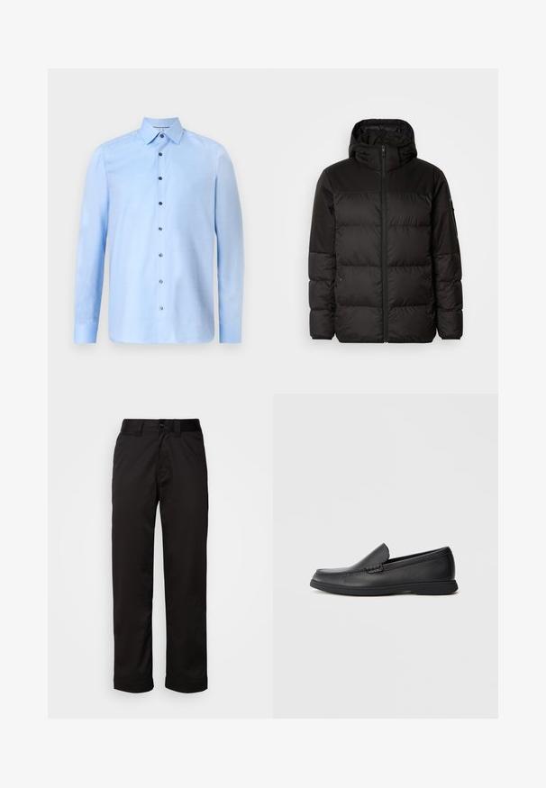 Schwarze Pufferjacke mit Reißverschluss, Kapuze, gesteppten Abschnitten und elastischen Bündchen, hergestellt aus einem glatten, wasserabweisenden Material.; Hellblaues Button-Down-Hemd aus strukturiertem Stoff, mit einem klassischen Kragen und kontrastierenden dunklen Knöpfen entlang der Front. Langen Ärmeln.; Schwarze Hose aus glattem Stoff, mit Reißverschluss, Knopfverschluss und umgeschlagenen Säumen für ein lässiges Design.; Schwarze Leder Slipper mit strukturiertem Obermaterial, runder Zehenform, niedrigem Absatz und Gummisohle, seitlich auf weißem Hintergrund abgebildet.