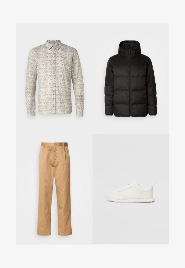 Juodas pūkinis švarkas turi užtrauktuką, gobtuvą, siūlinčius skyrius ir elastinius rankogalius, pagamintas iš lygaus, vandeniui atsparaus medžiagos.; Šviesiai bežinės spalvos ilgomis rankovėmis marškiniai su sudėtingais geometriniais raštais. Juose yra apykaklė, mygtukų uždarymas ir dviem mygtukais užsisegamos rankogaliai.; Kaki kelnės, medvilnės mišinys, tiesaus kirpimo dizainas, priekiniai raukiniai, diržo kilpos ir mygtuko uždarymas. Lygus audinys be raštų.; Balti sportbačiai su tinkline ir sintetine viršutine dalimi, apvaliu nosiu, plokščiomis raištelėmis ir tekstūruota šonine juosta. Guma, kurios padas su vilkimo kilpute gale.