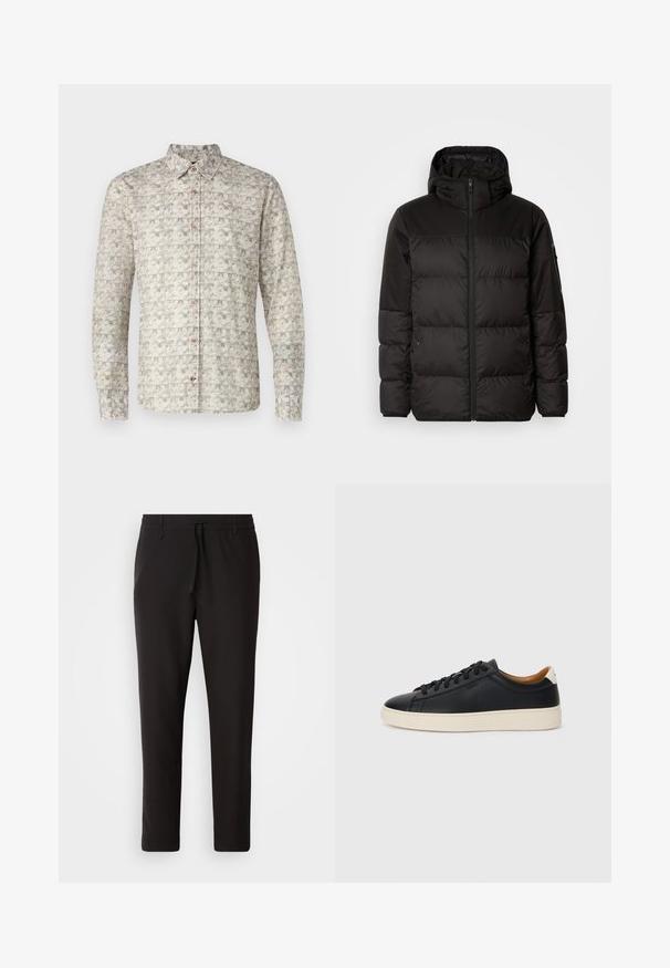 Geacă puffer neagră cu închidere cu fermoar, glugă, secțiuni quilted și manșete elastice, realizată dintr-un material neted, rezistent la apă.; Cămașă cu mâneci lungi în bej deschis, cu modele geometrice intricate. Dispune de guler, placket cu nasturi și manșete cu două nasturi.; Pantaloni de jogging negri, confecționați dintr-un material neted. Prezintă un talie elastică cu șnur, picioare conice și fără buzunare vizibile. Design simplu.; Căști din piele neagră cu o textură netedă, talpă din cauciuc bej, design cu șireturi și un accent contrastant la călcâi.