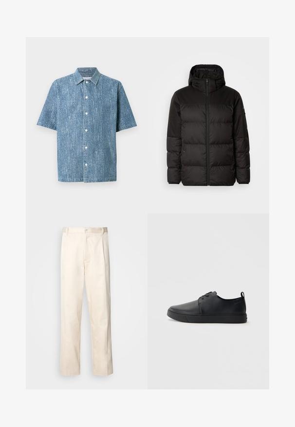 Melna pūkainā jakā iezīmes ir rāvējslēdzēja aizdare, kapuce, kvadrātveida šuves un elastīgas aproces, izgatavota no gludas, ūdensizturīgas vielas.; Īsām piedurknēm ar pogām aiztaisāma krekla zilu džinsa audumu ar fakturētu apdari, klasisku apkakli un baltām pogām.; Bežā krāsā auduma bikses ar taisnu kāju griezumu, pievienotām pogu aizdares un priekšējiem krokām papildu detaļām.; Melnas ādas kedas ar gludu apdari, noapaļota purngala, tonāla šuvēm, auklu fronti un plakanu gumijas zoli. Cilpa pie papēža.