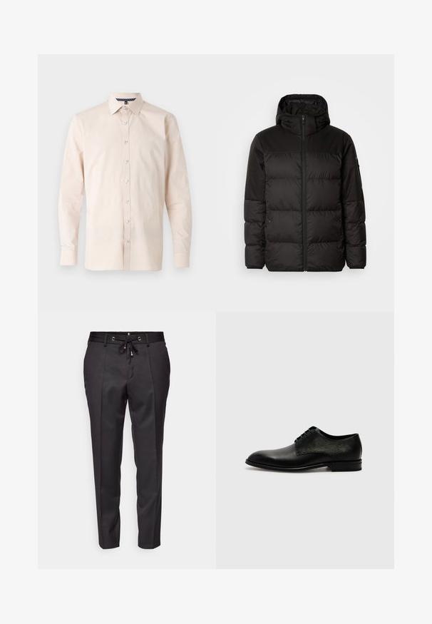 Zwarte pufferjas met ritsluiting, een capuchon, gequiltte secties en elastische manchetten, gemaakt van een glad, waterafstotend materiaal.; Lichtbeige knoopshirt, lange mouwen, klassieke kraag, gladde stof, witte knopen, patroon aan de binnenkant van de kraag.; Zwarte op maat gemaakte broek met een elastische tailleband, geplooide voorkant en omgeslagen randen. Gemaakt van een gladde stof met een gestructureerde pasvorm.; Zwarte leren schoen met een gladde afwerking aan de voorkant en een gestructureerd paneel aan de zijkant, met een ronde neus en vetersluiting.