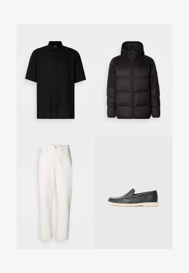 A fekete steppelt dzseki cipzáros záródással, kapucnival, steppelt részekkel és rugalmas mandzsettákkal rendelkezik, sima, vízálló anyagból készült.; Fekete, rövid ujjú pamut ing, gombos elülső résszel, egy mellelvéssel és klasszikus gallérral. Simára szőtt textura.; Fehér farmernadrág egyenes szárú kialakítással, varrott varrásokkal, fém gombos zárással és hagyományos, öt zsebes kialakítással.; Fekete bőr, slip-on stílusú loaferek, texturált felülettel és kontrasztos bézs gumitalppal. A frontrészén finom díszítéssel rendelkezik.