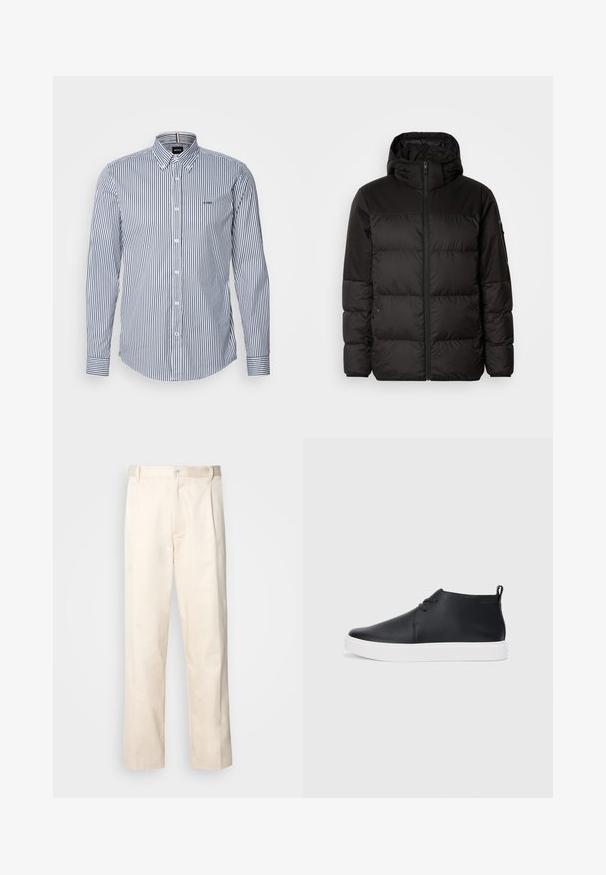 Juodas pūkinis švarkas turi užtrauktuką, gobtuvą, siūlinčius skyrius ir elastinius rankogalius, pagamintas iš lygaus, vandeniui atsparaus medžiagos.; BOSS ROAN SLIM FIT - Marškiniai - dark blue; Bežinės medvilninės kelnės su tiesiu kirpimu, turinčios mygtuko uždarymą ir priekyje raukšles papildomai dekoratyviam akcentui.; Juodi odiniai aukšti sportbačiai su lygia apdaila, balta guma padu ir paprastu raištelių dizainu. Gale yra įtempimo juostelė.