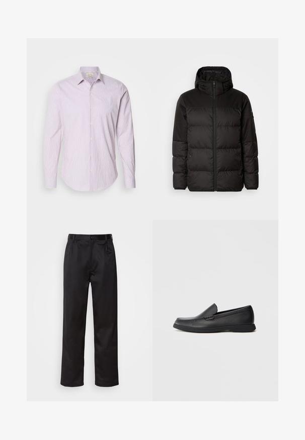 Zwarte pufferjas met ritsluiting, een capuchon, gequiltte secties en elastische manchetten, gemaakt van een glad, waterafstotend materiaal.; Lichtroze katoenen overhemd met witte verticale strepen, puntkraag, lange mouwen en knoopsluitingen aan de voorkant. Zachte textuur.; Zwarte broek van een gladde stof, met een sluiting met een knoop aan de voorkant, plooien en rechte pijpen. Geen zichtbare patronen of accenten.; Zwarte leren instaploafer met een textuur bovenwerk, ronde neus, lage hak en rubberen zool, weergegeven in zijprofiel op een witte achtergrond.