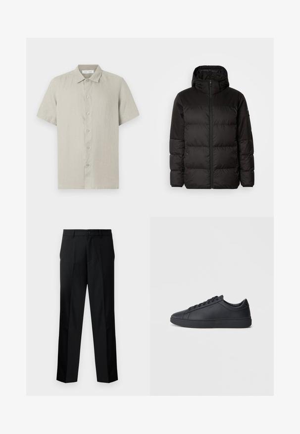 Črna zimska jakna ima zadrgo, kapuco, prešite odseke in elastične manšete, izdelana je iz gladkega, vodoodpornega materiala.; Samsøe Samsøe AVAN SHIRT - Srajca - greige; Črne hlače z ravnim krojem, s zapiranjem na gumb, zadrgo in obrobo za pas. Gladek material z stranskima žepoma.; Črne superge iz gladkega usnja z nizkim dizajnom, okroglo konico in ravnim gumijastim podplatom. Imajo vezalke in subtilno blagovno znamko.