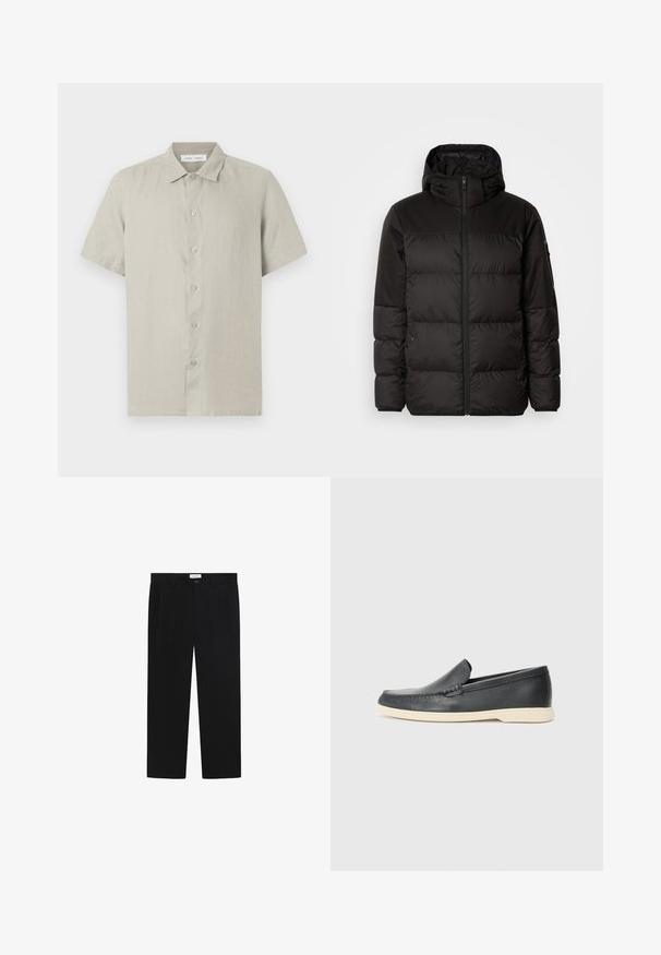 Il giubbotto puffo nero presenta una chiusura con zip, un cappuccio, sezioni trapuntate e polsini elastici, realizzato in un materiale liscio e resistente all'acqua.; Camicia beige a maniche corte con bottoni e colletto, realizzata in tessuto leggero, vista frontale su sfondo bianco.; Pantaloni neri con design a gamba dritta, tasche frontali e chiusura con bottone. Realizzati in un tessuto liscio con una finitura elegante.; Mocassini neri in pelle con finitura testurizzata e suola in gomma beige a contrasto. Presentano un accento sottile lungo la parte anteriore.